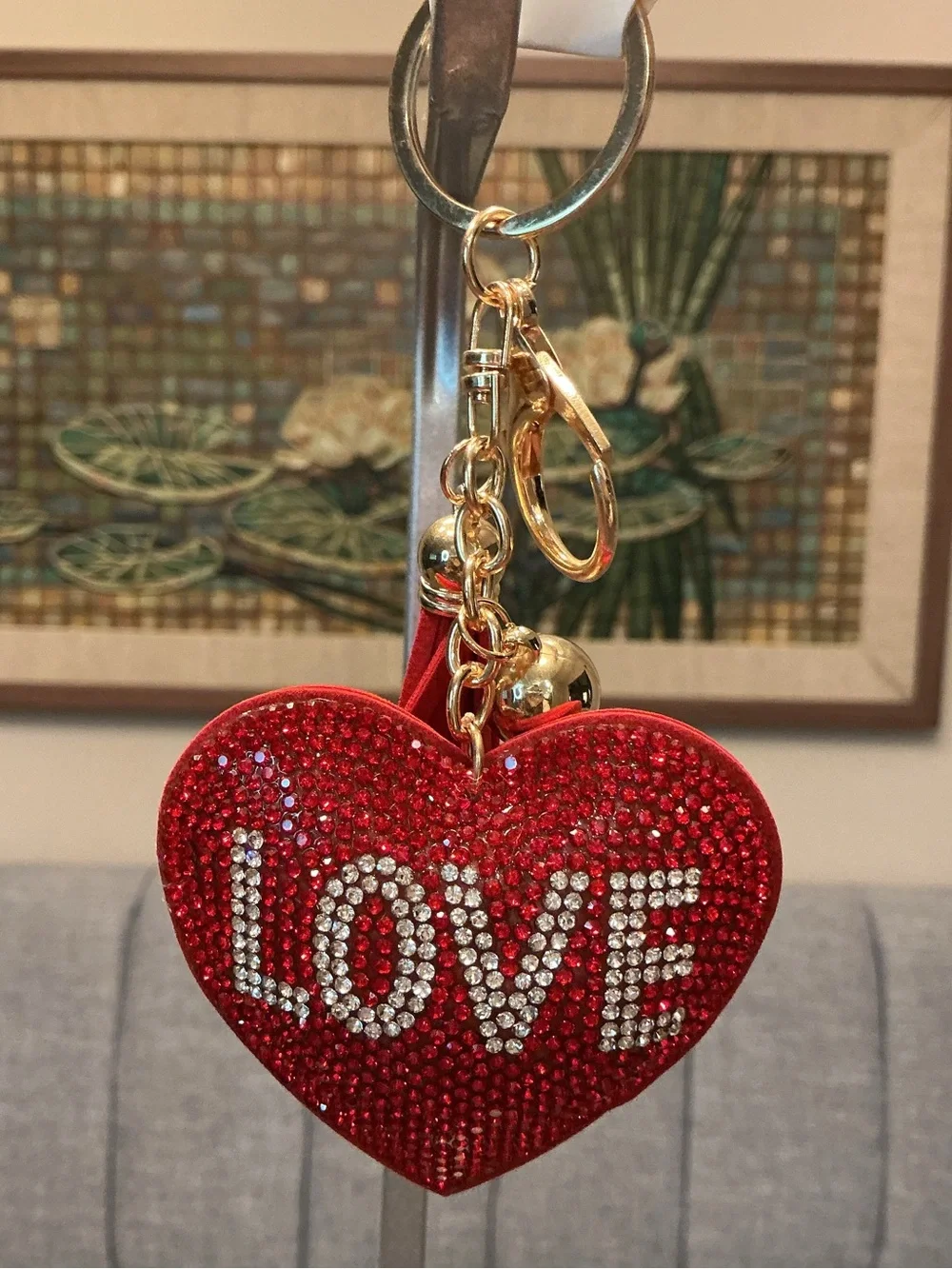Sparkling Puffy Red Heart Love Keychain/Bag Charm with Gold Accents NWT